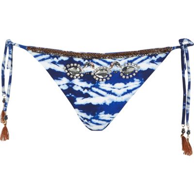 Blue tie dye embellished bikini bottoms